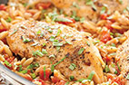 Skillet Chicken and Rice with Peas and Scallions